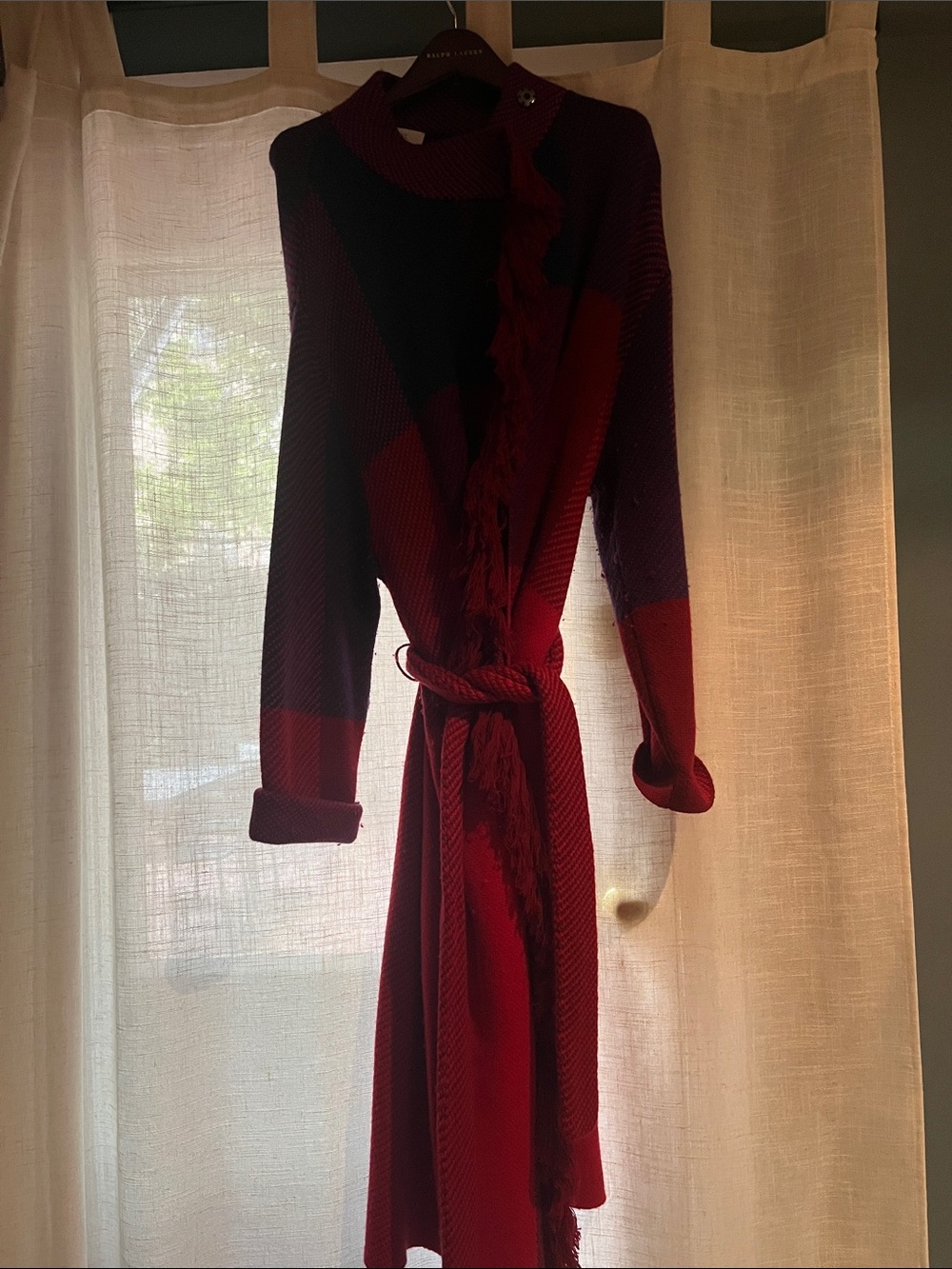 La Ligne Red and Purple Textured Knit Fringe-Belt Cardigan